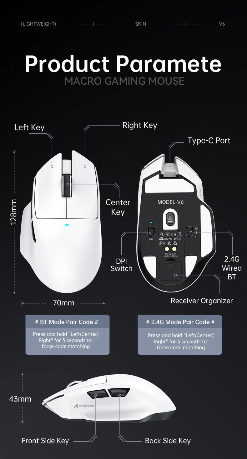 ATTACK SHARK V6 Gaming Mouse Bluetooth Wireless Connection,PAW3311 Sensor and Magnetic Charging Base,65g Lightweight Design