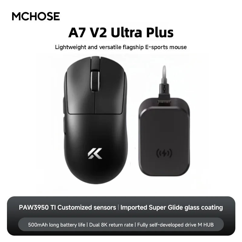 MCHOSE A7 V2 Ultra Gaming Mouse PAW3950 TI Sensor Dual 8000Hz 20000fps 42000DPI 750IPS Imported Super Glide Glass Coating CSGO