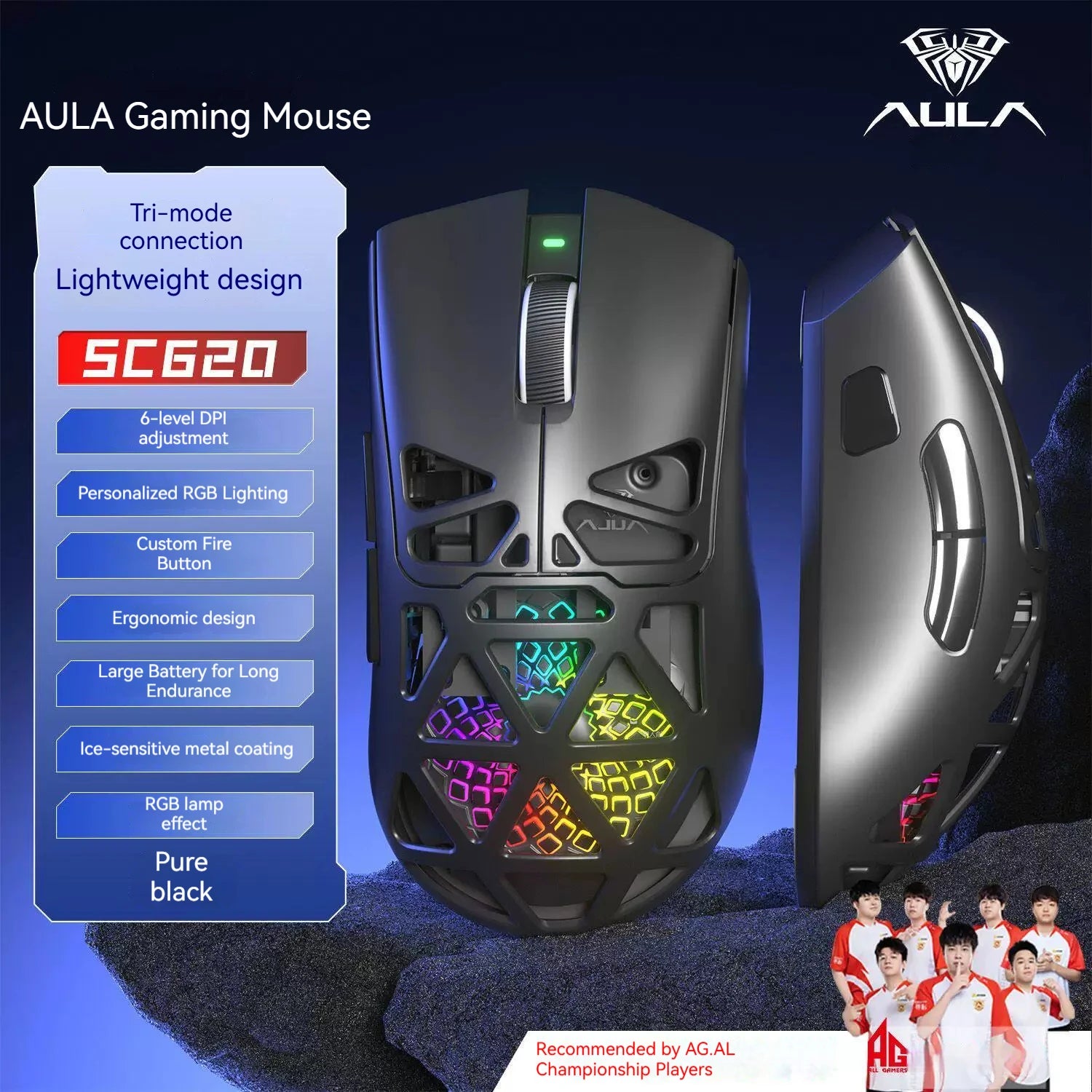 Aula SC620 Gaming Mouse Wireless Hollow-out PAW3311 Tri-mode  Rechargeable Adjustable DPI  Mouse for Desktop Laptop
