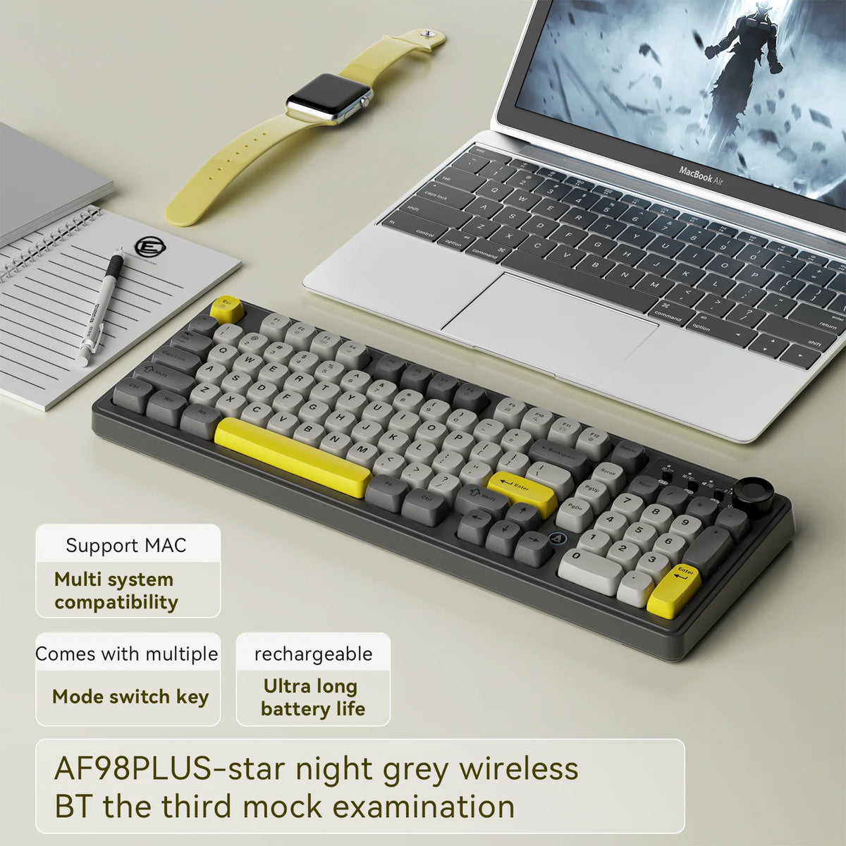AJAZZ AF98 Wired/Wireless Keyboard Mechanical Feel Office Long Battery Life Three-Mode RGB Mixed Light ABS Keycaps Ergonomics