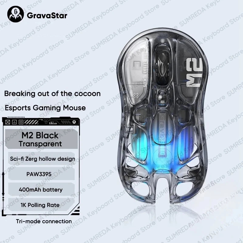 GravaStar Mercury M2 M1 jelly Pink Wireless Gaming Mouse PAW3395 Bluetooth Lightweight Hollowed Out RGB E-sport Gamer Mice Mouse