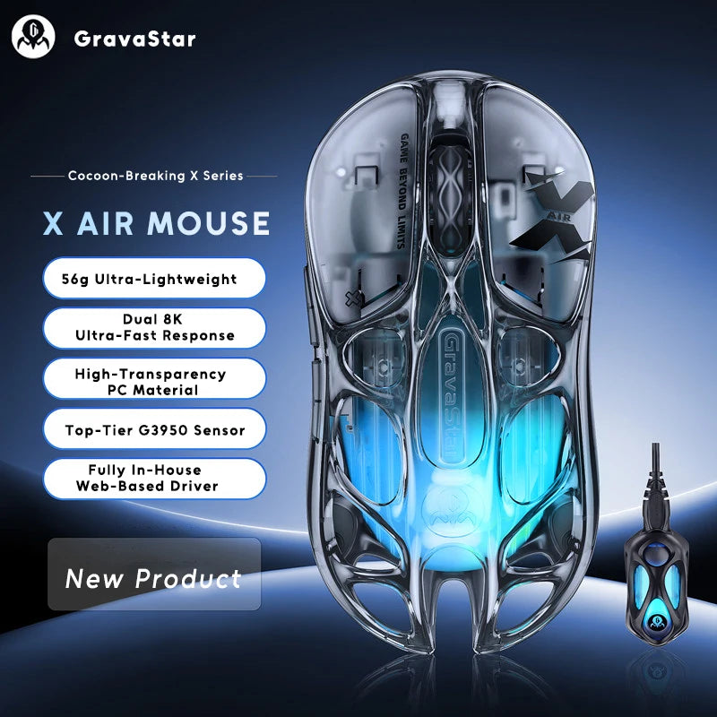 GravaStar Mercury X AIR X Pro Wireless Gaming Mouse Transparent Hollow-out Bluetooth 2.4G Wired Lightweight Dual 8K G3950 Mouse