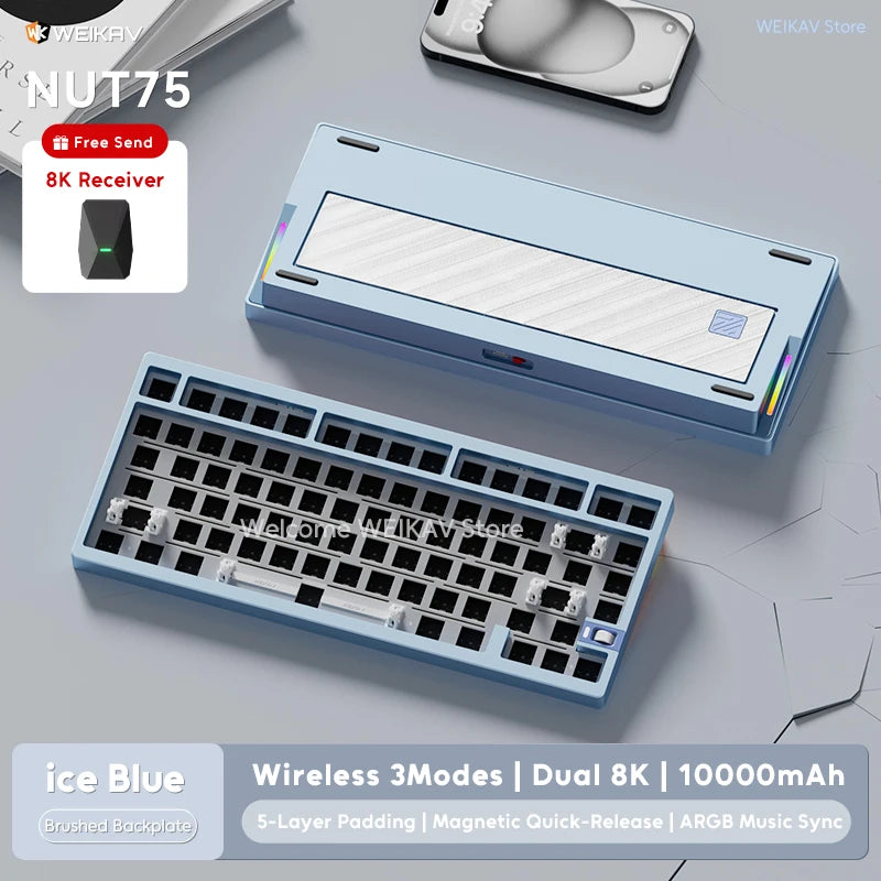 WEIKAV NUT75 220 Grit Aluminum Wireless Gaming Custom Mechanical Keyboard Kit 75% Bluetooth Wired Gamer Non-contact Keyboard