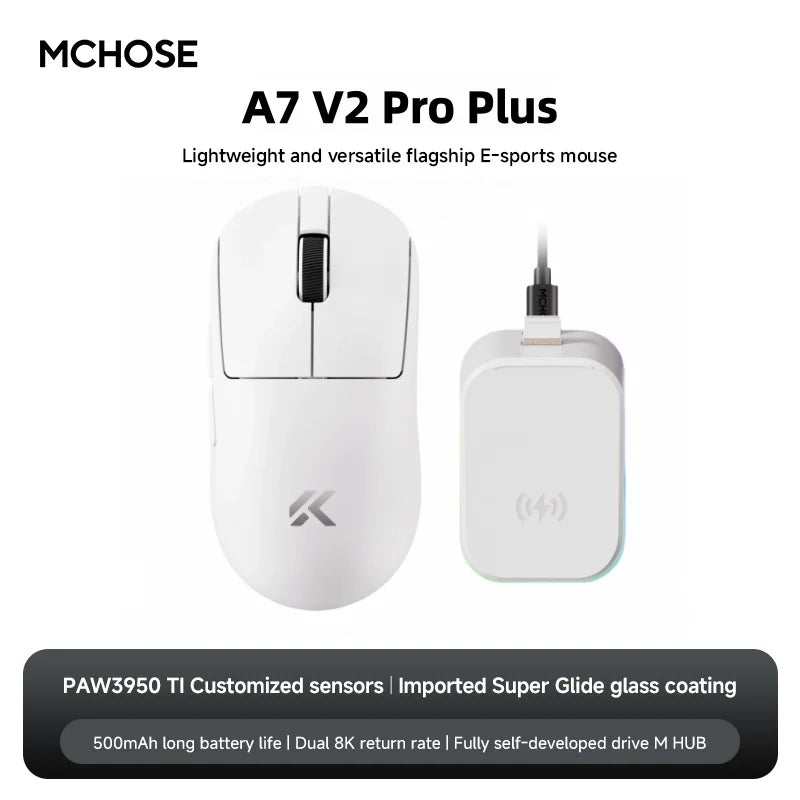 MCHOSE A7 V2 Ultra Gaming Mouse PAW3950 TI Sensor Dual 8000Hz 20000fps 42000DPI 750IPS Imported Super Glide Glass Coating CSGO