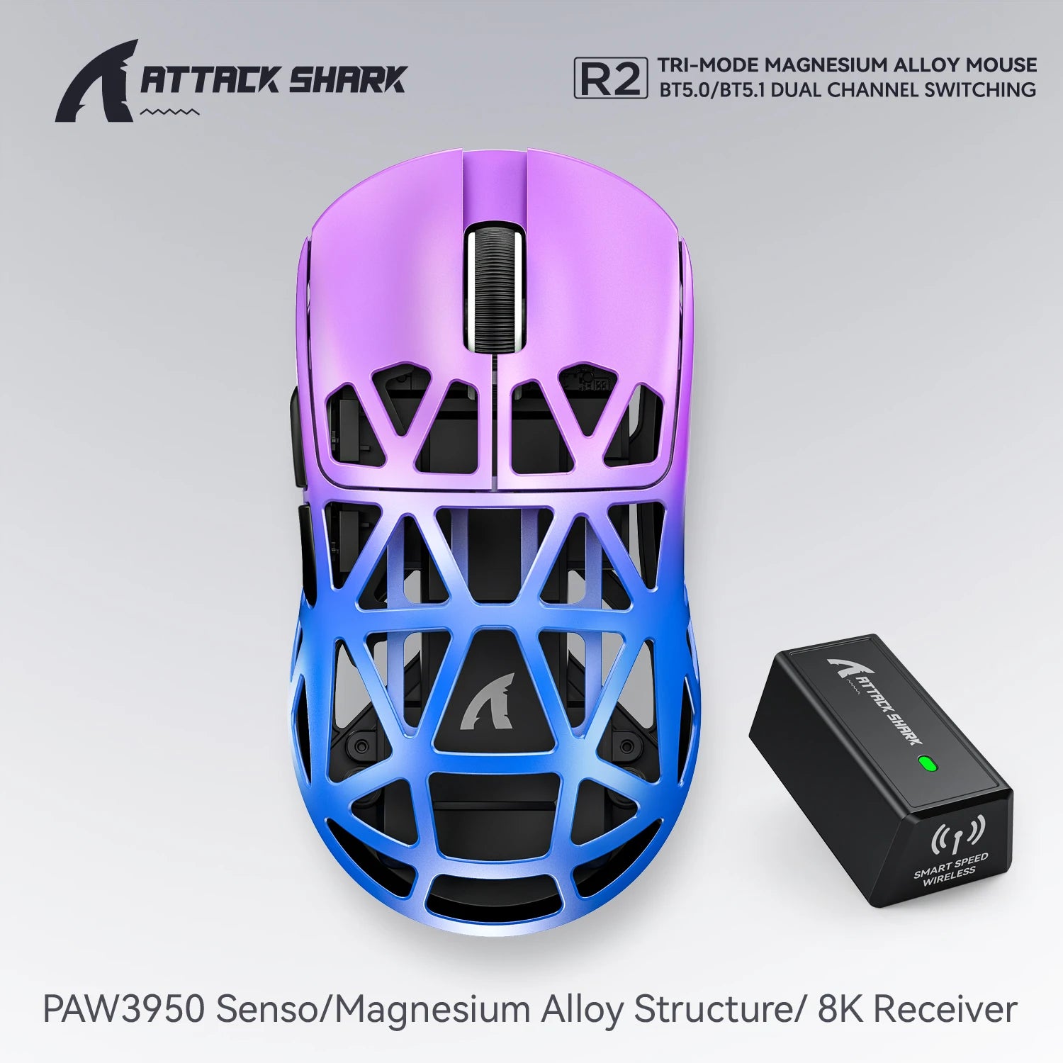 Attack Shark R2 Gaming Wireless Mouse PAW3950 8K Magnesium Alloy Lightweight Gaming Mouse Bluetooth Tri-Mode for Gaming/Office