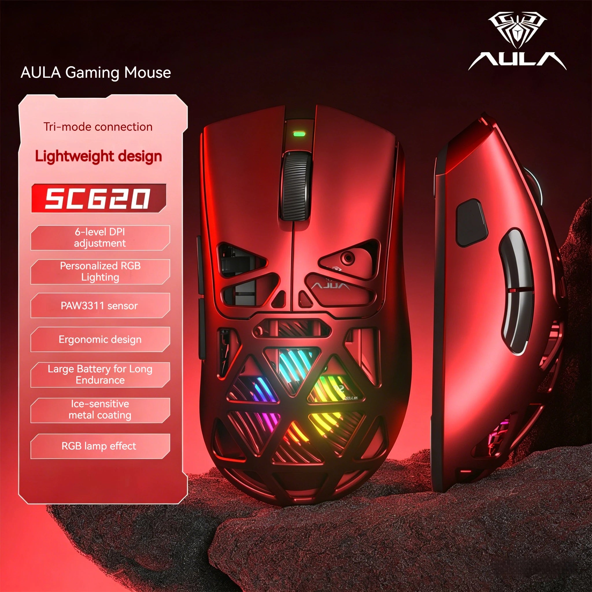 Aula SC620 Gaming Mouse Wireless Hollow-out PAW3311 Tri-mode  Rechargeable Adjustable DPI  Mouse for Desktop Laptop