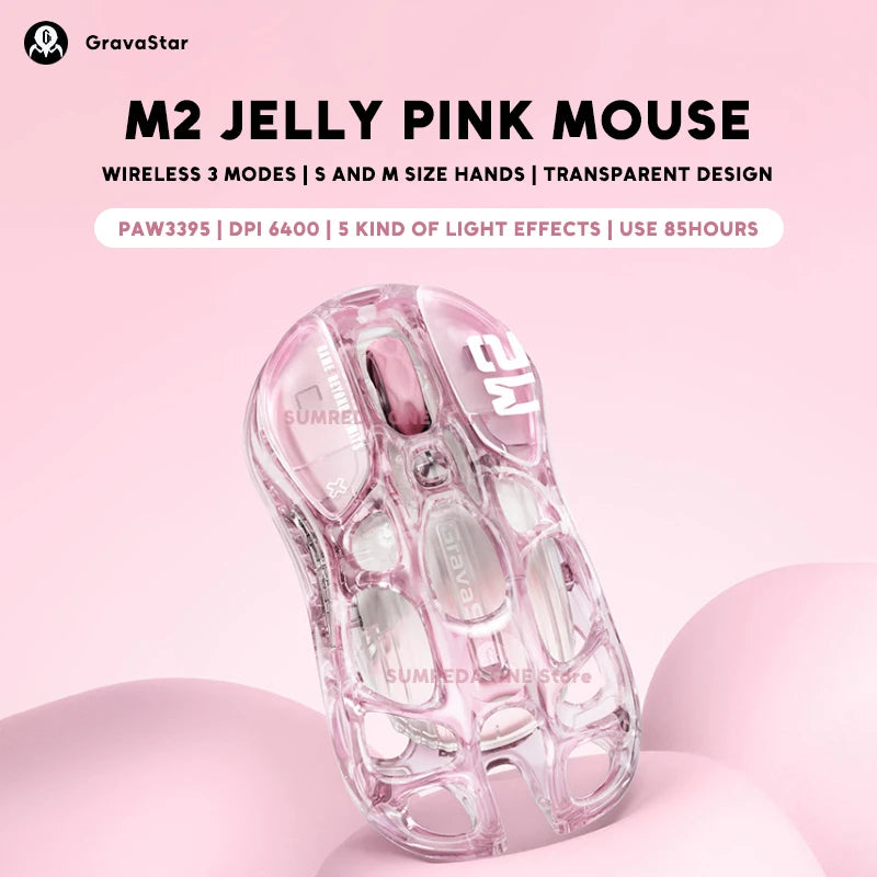 GravaStar Mercury M2 M1 jelly Pink Wireless Gaming Mouse PAW3395 Bluetooth Lightweight Hollowed Out RGB E-sport Gamer Mice Mouse