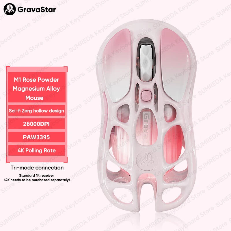 GravaStar Mercury M2 M1 jelly Pink Wireless Gaming Mouse PAW3395 Bluetooth Lightweight Hollowed Out RGB E-sport Gamer Mice Mouse