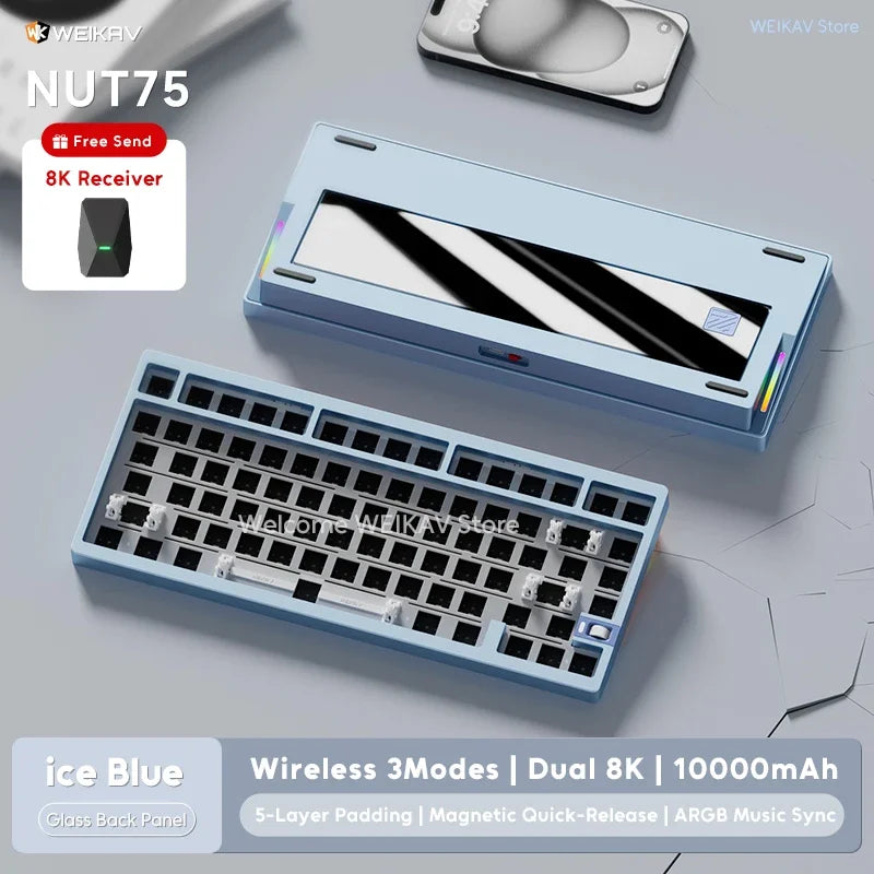 WEIKAV NUT75 220 Grit Aluminum Wireless Gaming Custom Mechanical Keyboard Kit 75% Bluetooth Wired Gamer Non-contact Keyboard