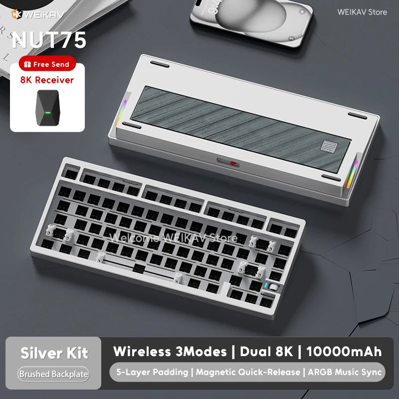 WEIKAV NUT75 220 Grit Aluminum Wireless Gaming Custom Mechanical Keyboard Kit 75% Bluetooth Wired Gamer Non-contact Keyboard