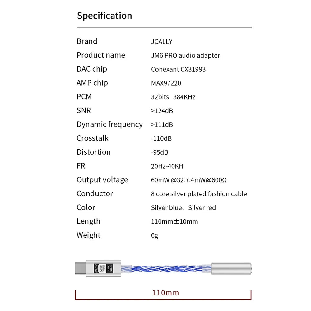 JCALLY JM6 Pro Type-C to 3.5mm Dual DAC CX31993 MAX97220 Digital Audio Headphone Amplifier HiFi DAC Mobile Headset AMP Adapter