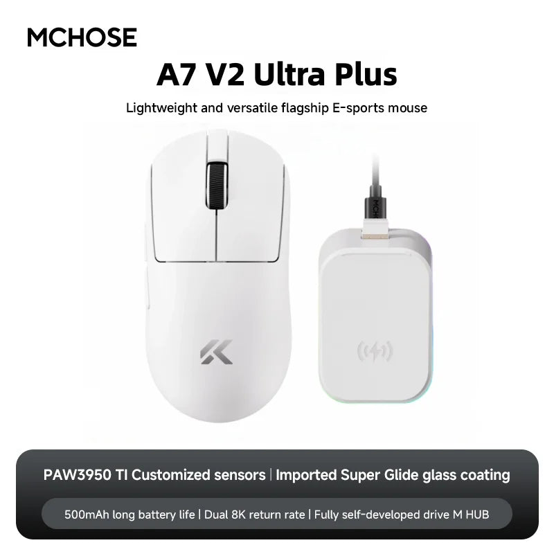 MCHOSE A7V2 Ultra Plus eSports Game 3950TI Trimode Mouse 42000DPI Lightweight Double 8k Mouse Imported Super Glide Glass Coating