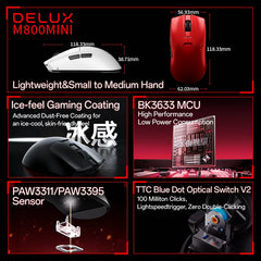 Delux M800mini Wireless Gaming Mouse, 46g Lightweight,PAW3395/PAW3311,1KHz Polling Rate for Small to Medium Hand PC Gamer