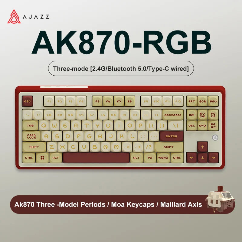 NEW AJAZZ AK870 Tri-mode RGB Bluetooth 2.4GHz Wireless Gaming Mechanical Keyboard with USB Wired 87 Keys Hot Swap for PC Laptop