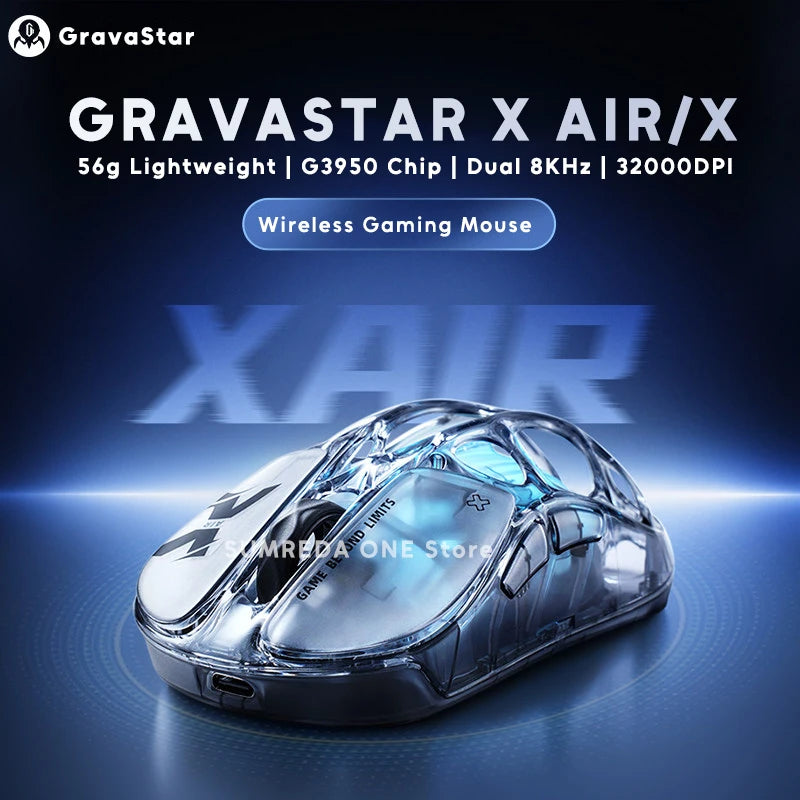 GravaStar Mercury X AIR X Pro Wireless Gaming Mouse Transparent Hollow-out Bluetooth 2.4G Wired Lightweight Dual 8K G3950 Mouse