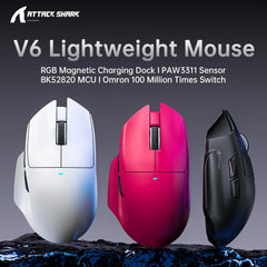 ATTACK SHARK V6 Gaming Mouse Bluetooth Wireless Connection,PAW3311 Sensor and Magnetic Charging Base,65g Lightweight Design
