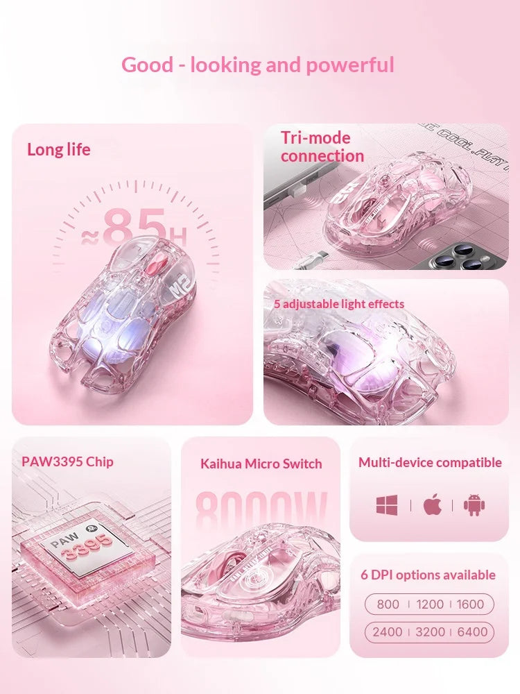 GravaStar Mercury M2 M1 jelly Pink Wireless Gaming Mouse PAW3395 Bluetooth Lightweight Hollowed Out RGB E-sport Gamer Mice Mouse