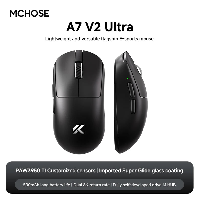 MCHOSE A7V2 Ultra Plus eSports Game 3950TI Trimode Mouse 42000DPI Lightweight Double 8k Mouse Imported Super Glide Glass Coating