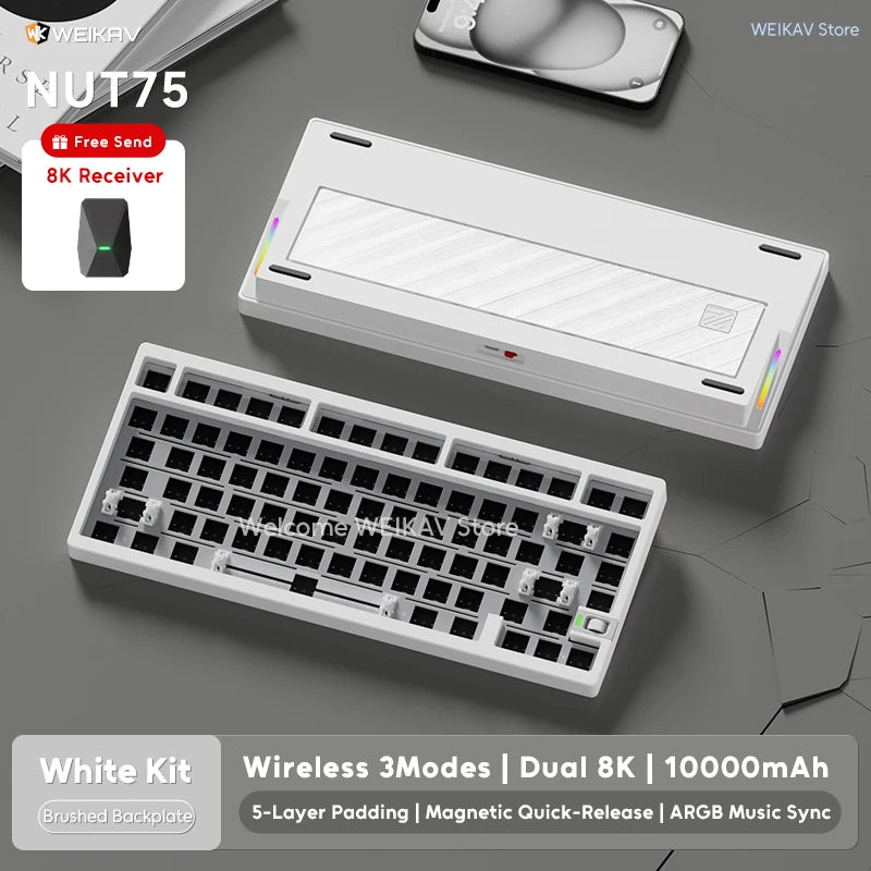 WEIKAV NUT75 220 Grit Aluminum Wireless Gaming Custom Mechanical Keyboard Kit 75% Bluetooth Wired Gamer Non-contact Keyboard