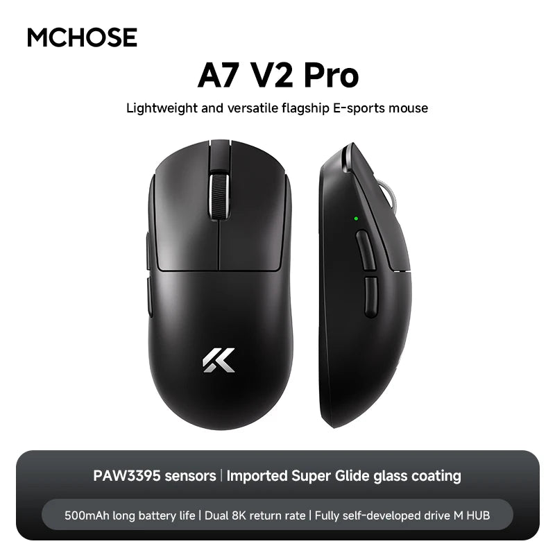MCHOSE A7 V2 Ultra Gaming Mouse PAW3950 TI Sensor Dual 8000Hz 20000fps 42000DPI 750IPS Imported Super Glide Glass Coating CSGO