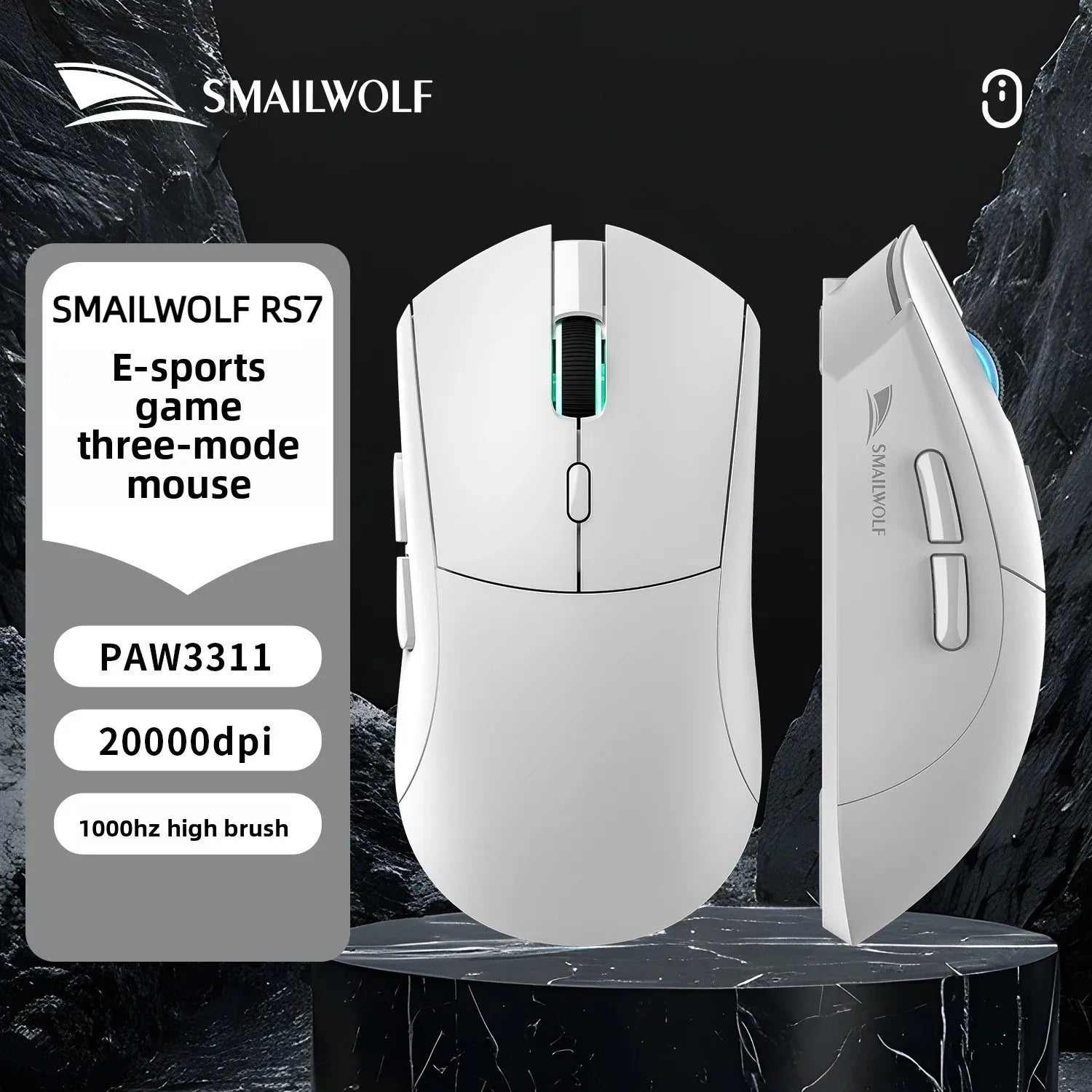 SMAILWOLF RS7 Gaming Mouse, Wired/2.4G/Bluetooth 5.1, 89g Lightweight, 500mAh Battery, RGB Scroll Light, 20M Clicks