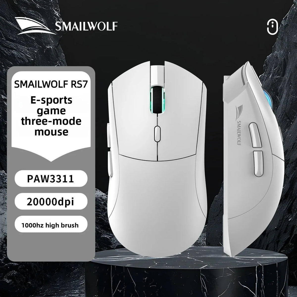 SMAILWOLF RS7 Gaming Mouse, Wired/2.4G/Bluetooth 5.1, 89g Lightweight, 500mAh Battery, RGB Scroll Light, 20M Clicks