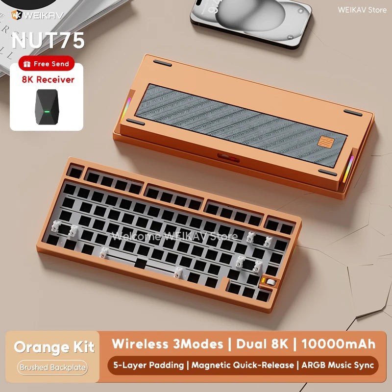WEIKAV NUT75 220 Grit Aluminum Wireless Gaming Custom Mechanical Keyboard Kit 75% Bluetooth Wired Gamer Non-contact Keyboard