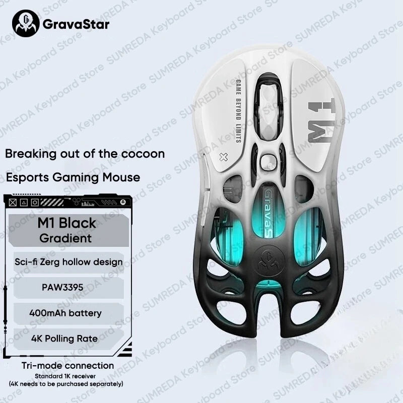 GravaStar Mercury M2 M1 jelly Pink Wireless Gaming Mouse PAW3395 Bluetooth Lightweight Hollowed Out RGB E-sport Gamer Mice Mouse