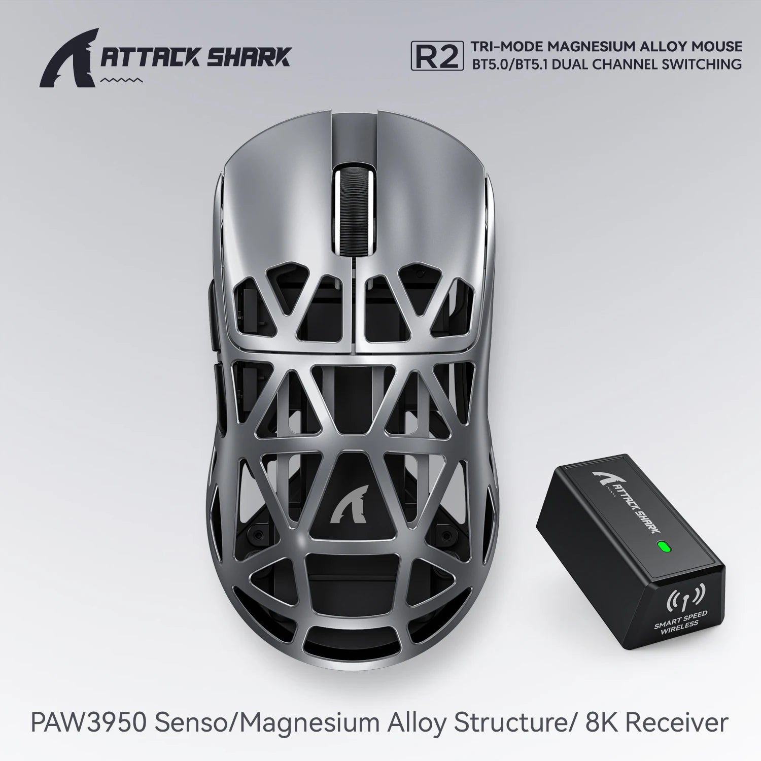 Attack Shark R2 Gaming Wireless Mouse PAW3950 8K Magnesium Alloy Lightweight Gaming Mouse Bluetooth Tri-Mode for Gaming/Office