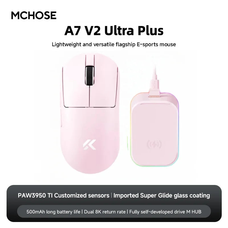 MCHOSE A7 V2 Ultra Gaming Mouse PAW3950 TI Sensor Dual 8000Hz 20000fps 42000DPI 750IPS Imported Super Glide Glass Coating CSGO