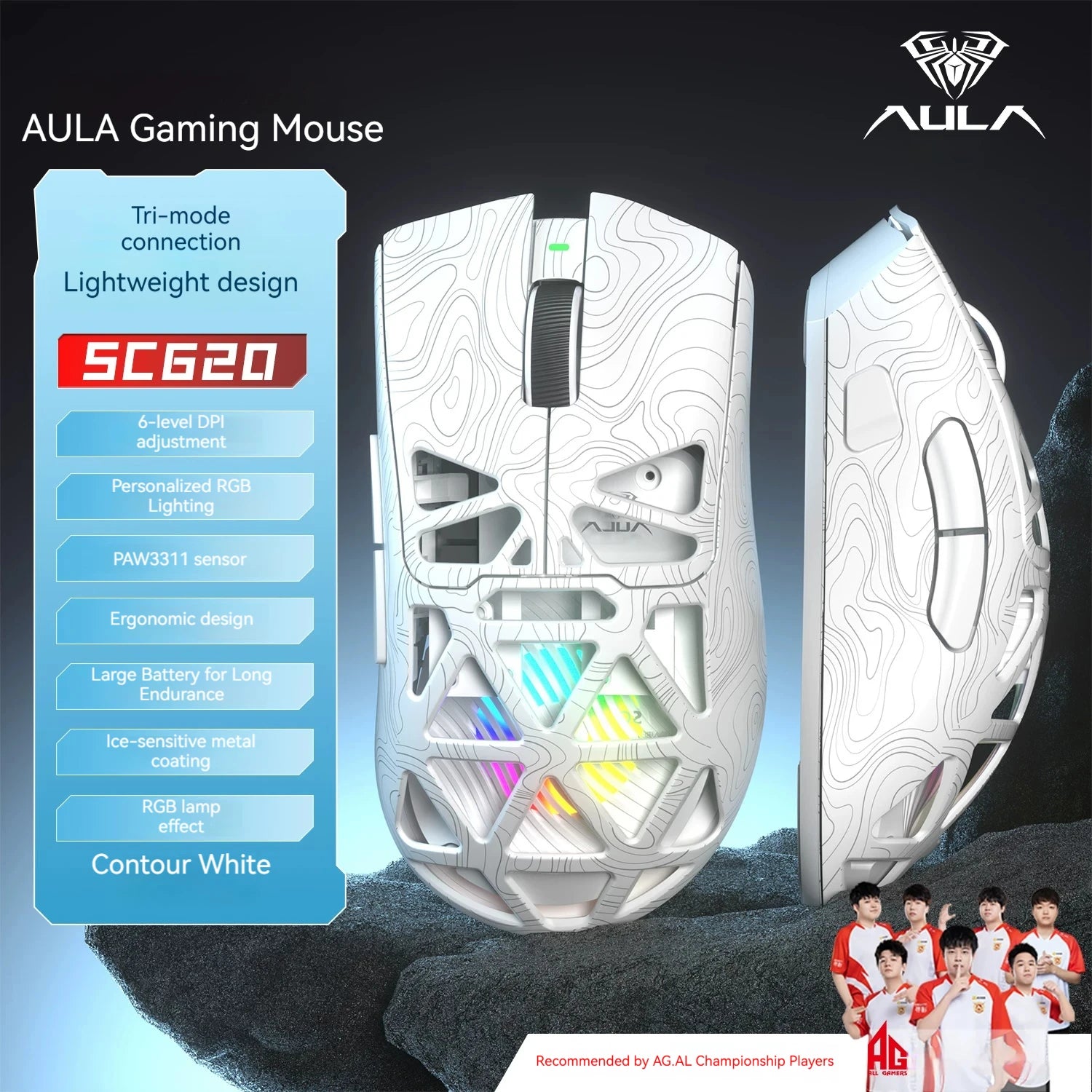 Aula SC620 Gaming Mouse Wireless Hollow-out PAW3311 Tri-mode  Rechargeable Adjustable DPI  Mouse for Desktop Laptop
