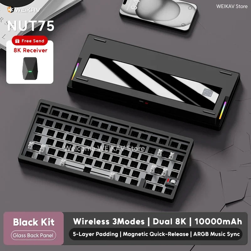 WEIKAV NUT75 220 Grit Aluminum Wireless Gaming Custom Mechanical Keyboard Kit 75% Bluetooth Wired Gamer Non-contact Keyboard