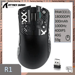 ATTACK SHARK R1 59g Ultra-light Mouse have PAW3311,18000DPI,400IPS,40G,1000Hz,Tri-Mode,Broadcom BK3633 Master,20 Million Times