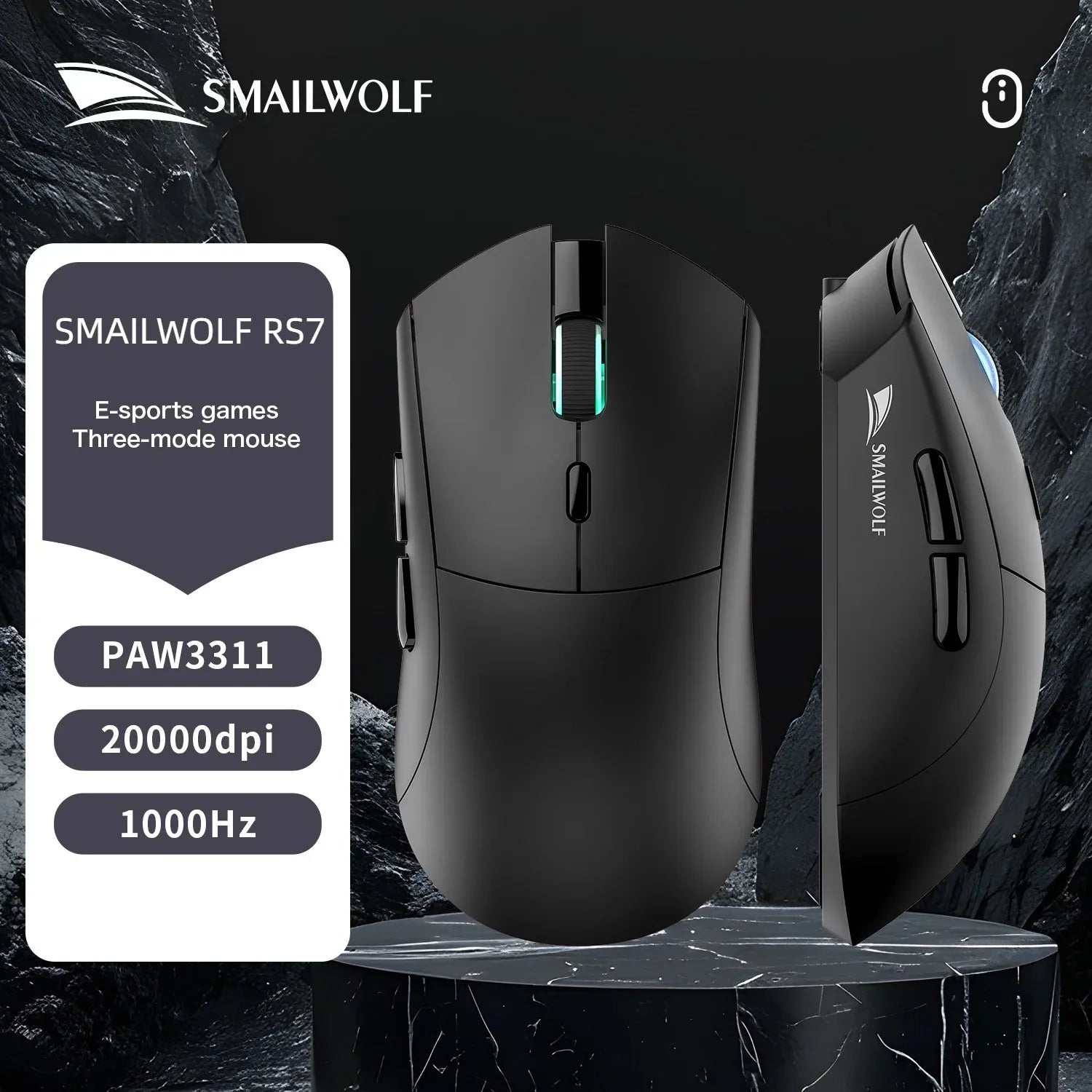 SMAILWOLF RS7 Gaming Mouse, Wired/2.4G/Bluetooth 5.1, 89g Lightweight, 500mAh Battery, RGB Scroll Light, 20M Clicks