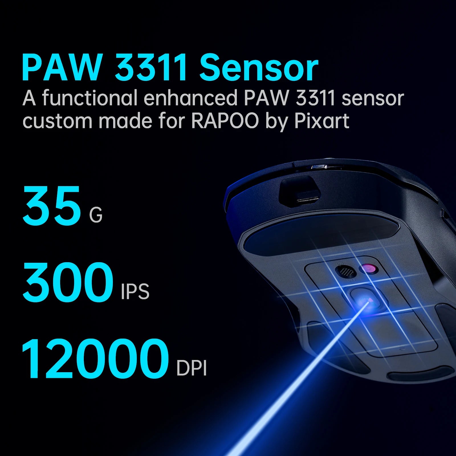 Rapoo Wireless Gaming Mouse 68g Lightweight 1KHz Polling Rate 12000DPI 10 Programmable Buttons Optical Sensor
